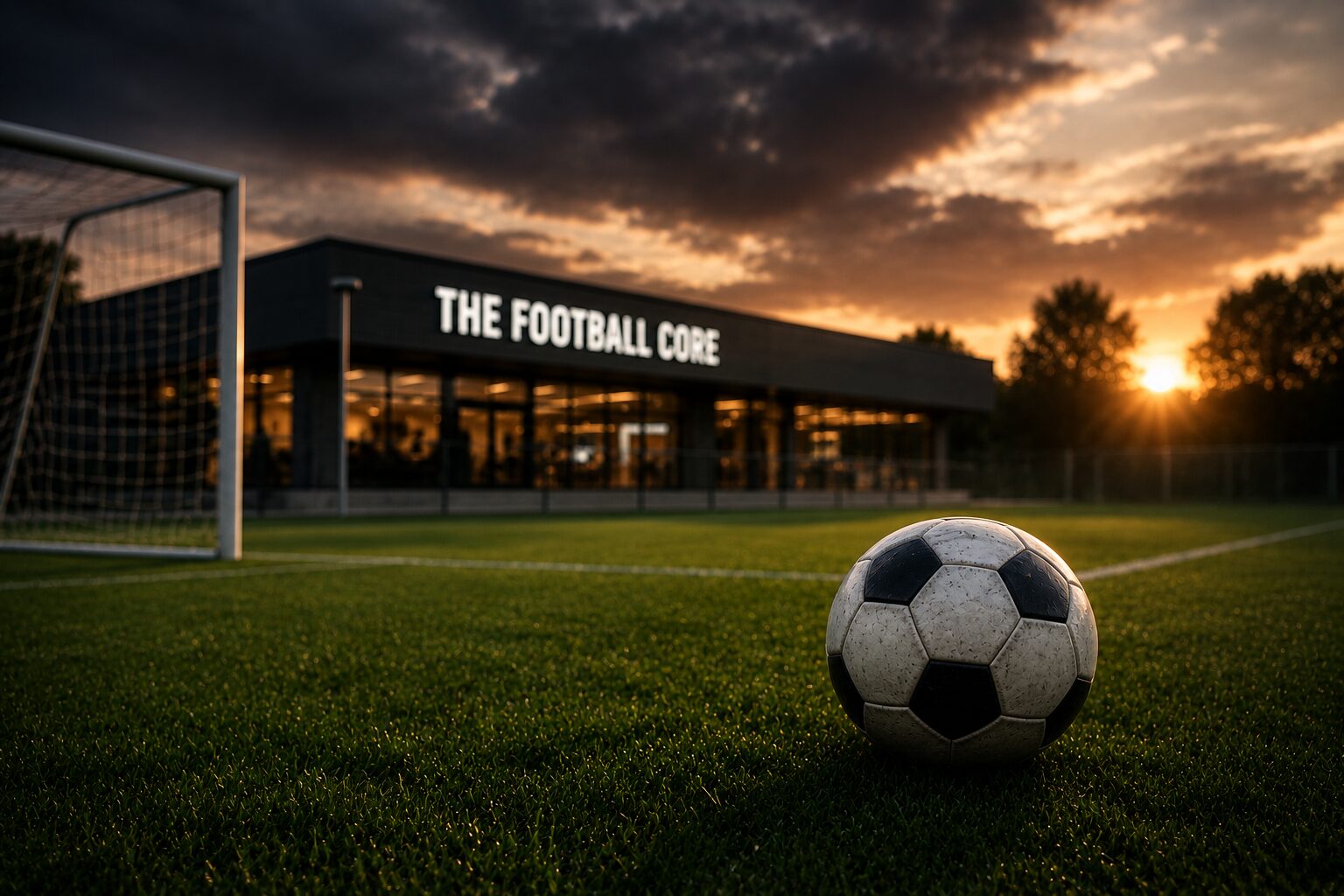 The Football Core Vereinsgebäude bei Sonnenuntergang