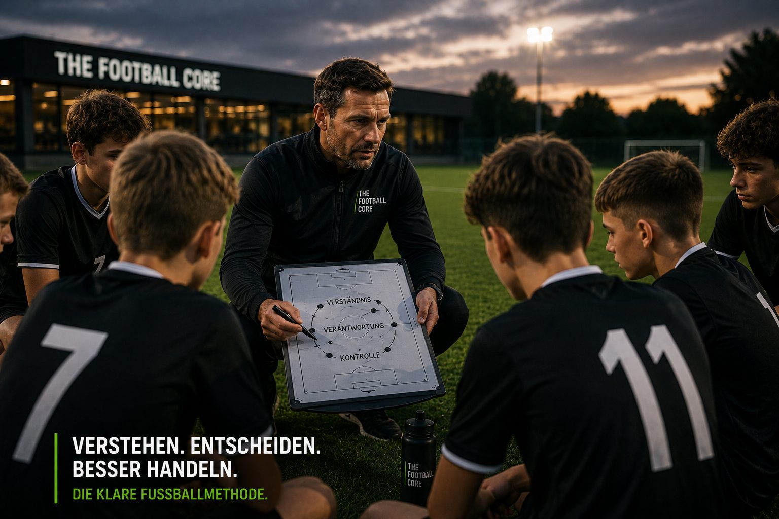 Trainer und Mannschaft im Kreis auf dem Trainingsplatz von The Football Core